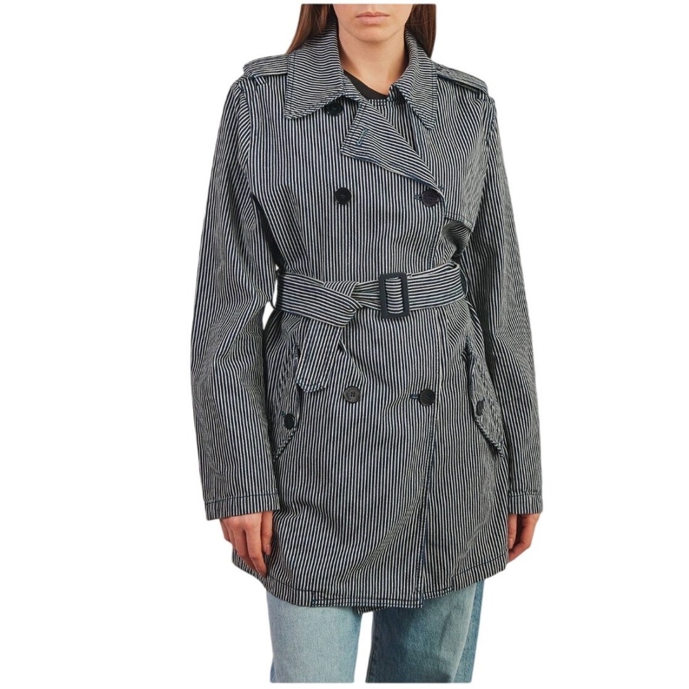 Lauren Jeans Co Ralph Lauren Trench Coat Womens XL Blue White Stripe Belted NWT